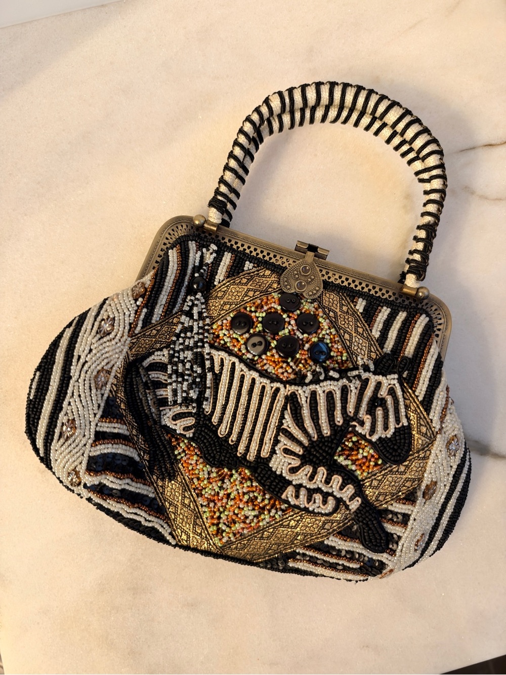 Coldwater Creek Black, White & Gold Beaded Top-Handle Clutch
